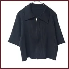 【美品】 モーメントプラス 半袖ニット ダブルジップ リブ 襟 ショート丈
