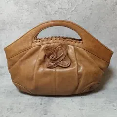 ✨雰囲気抜群✨本革 レザーハンドバッグ キャメル 花モチーフ 編み込み レトロ