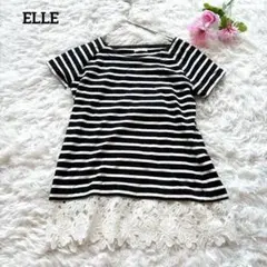 美品✨ELLE エル　レース付きチュニック ボーダーワンピース【L】白黒　半袖