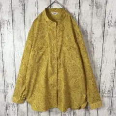 【ペイズリー総柄シャツ】長袖☆レトロ☆イエロー☆S〜M☆Wポケット
