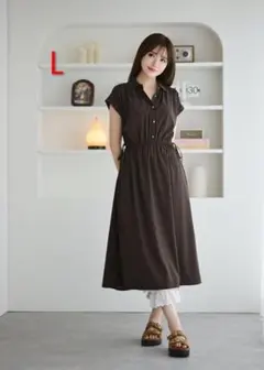 しまむら MUMU ウエストリボンワンピース ダークブラウン Lのサムネイル