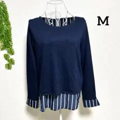 オフオン・M 長袖 Tシャツ トップス ネイビー レイヤード風 裏地ストライプのサムネイル