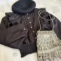 美品 フリル付き ショート丈 レトロトップス M