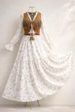 新品 アイボリー花柄マキシワンピM ベストSET ティアード 上品フェミニン