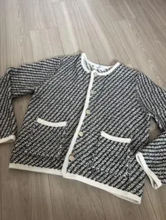 【オペーククリップ】手洗い可長袖ツイードライクカーディガン黒白Lジャケット風