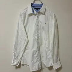 TOMMY HILFIGER ロゴ入り長袖シャツ　無地　白　ブルー　XL
