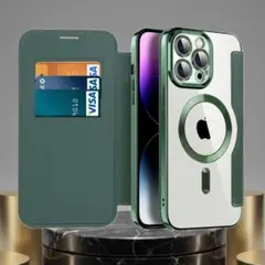 iPhone16Proケース手帳型グリーンMagSafe対応カード収納 レザー調