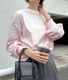 andme 無地ボーダーボリューム袖コットン長袖Tシャツ　ライトピンク　Ｍ