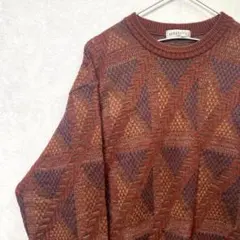 デザインニット　総柄　ヴィンテージ　レトロ　アースカラー　ブラウン　セーター