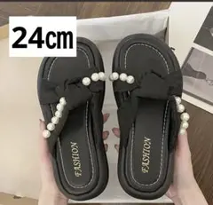 サンダル　厚底　リボン　パール　黒　ブラック　24.0㎝　新品未使用