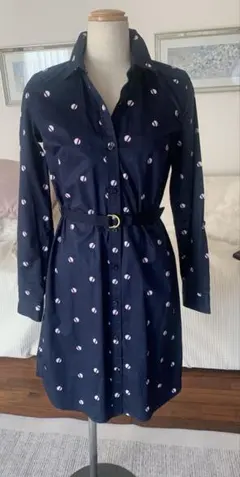 美品　トミーヒルフィガー　綿　シャツワンピース ネイビー 長袖 ベルト付き　S