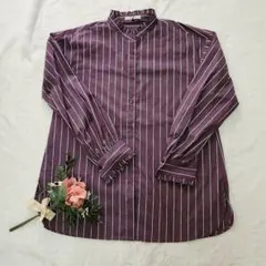 オペークドットクリップ　 ボルドーのフリルバンドカラー 長袖ブラウス