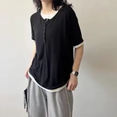 【新品】frame レイヤード風 ヘンリーネック 半袖Tシャツ ブラックのサムネイル