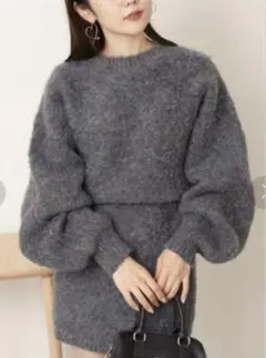 モヘア風ニット バルーンスリーブ ワンピース グレー