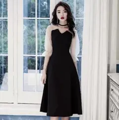 結婚式ドレス ワンピース お呼ばれ 二次会 ブラック 黒 半袖 20代 30代