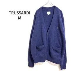 トラサルディ　ニットカーディガン 綿100% Vネック 刺繍ロゴ ポケット付き