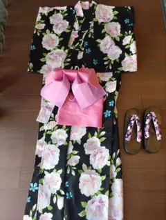 浴衣 帯 下駄 3点セット 黒地 花柄