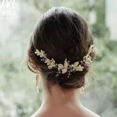 ヘッドドレス ゴールド パール 花と葉のモチーフ ヘアアクセ 結婚式 披露宴