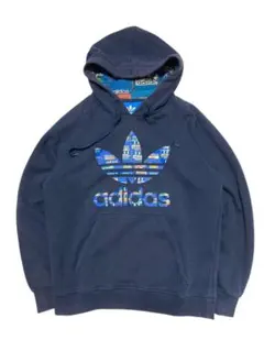 adidas アディダス トレフォイルロゴ 総柄 プルオーバーパーカー ネイビー