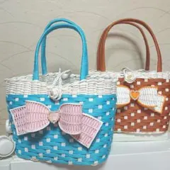 リボン付き水玉ミニかごバッグ 二点セット お買い得品