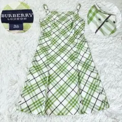 バーバリーロンドン ワンピース 38 ノバチェック 黄緑×ブラウン タックフレア