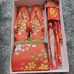 訳あり　値下げ　7歳　オレンジ花柄草履バッグセット