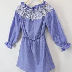 リエンダ　花柄刺繍　ストライプ　シャツワンピース　Sサイズ