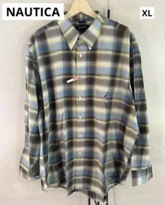 ノーティカ 美色オンブレチェック BDオーバーシャツ 水色×ベージュ×茶系 XL