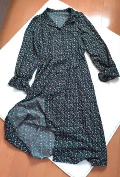 グリーフル 花柄 ロングワンピース M ブラック系 長袖 ウエストゴム