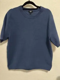 【美品】ユニクロ ウォッシャブルミラノリブクルーネックTシャツ ブルー M