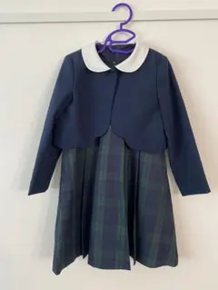 ネイビー 襟付き チェック柄ワンピース＋ジャケットセット　120cm