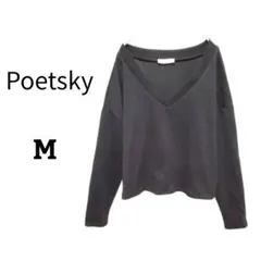 Vネック長袖カットソーTシャツ M 黒 シンプル カジュアル Poetsky