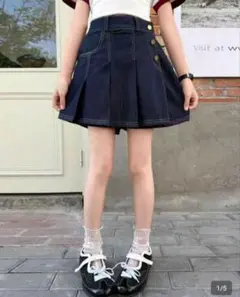 ダークブルー デニム プリーツスカート