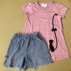 猫デザインTシャツとデニムショートパンツセット