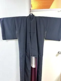 ダークグレー モダン　チェック柄 小紋 着物　洗える着物　Ｌサイズ