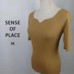 SENSE OF PLACE　リブニット　F　キャメル　半袖　Vネック