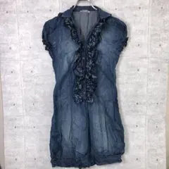 イタリア製 古着 小花柄フリル ヴィンテージライク デニム シャツ ミニワンピ