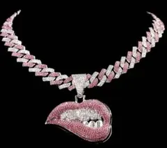 シルバー×ピンク ネックレス CZダイヤモンド　ジュエリー　唇