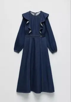 未使用　ZARA デニムワンピース　大きめS (JP 7~9) フリル　マキシ