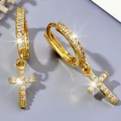 最高級CZ 18KGP クロスチャーム フープピアス アヴァランチ系 両耳用