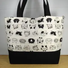 中型トートバック(白地にねこ顔)