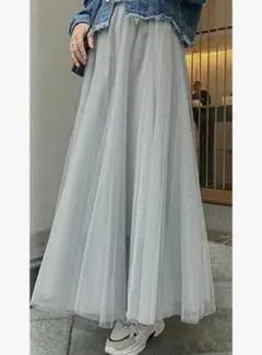 グレー チュール フレアスカート ロング丈　M/L