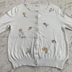 フラワー ビジュー パール ボタン ニット カーディガン M レディース 花柄のサムネイル