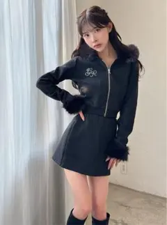 GRL ファー付きパーカー×ミニスカートスウェットセットアップ pm413 M
