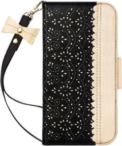 iPhone 14proMax 手帳型 鏡付き ストラップ (ブラック)