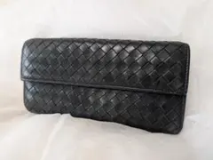 BottegaVeneta レザー編み込みデザイン長財布 黒