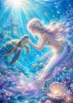094【人魚と海亀の約束】奇跡を紡ぐアクアマリンの海 デジタルアート 開運アート