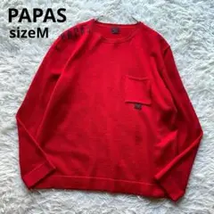 パパス　美品　メンズロゴ入りニットセーター　ウール 胸ポケット(M)赤　日本製