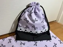 給食袋＆ランチョンマット リボン柄　パープル② ハンドメイド