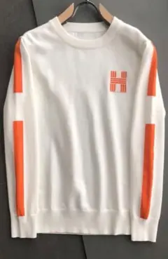新品 ホワイト/オレンジ Hロゴ入り長袖高品質トレーナー